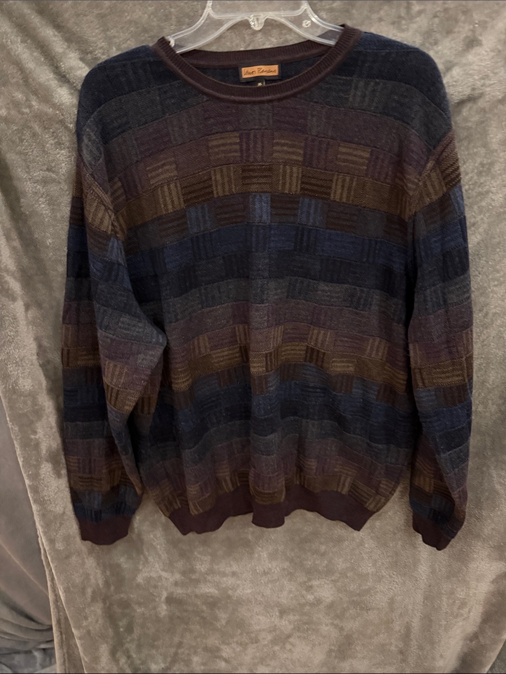 Vintage-Inspired Crewneck Sweater in Brown and Blue Stripes